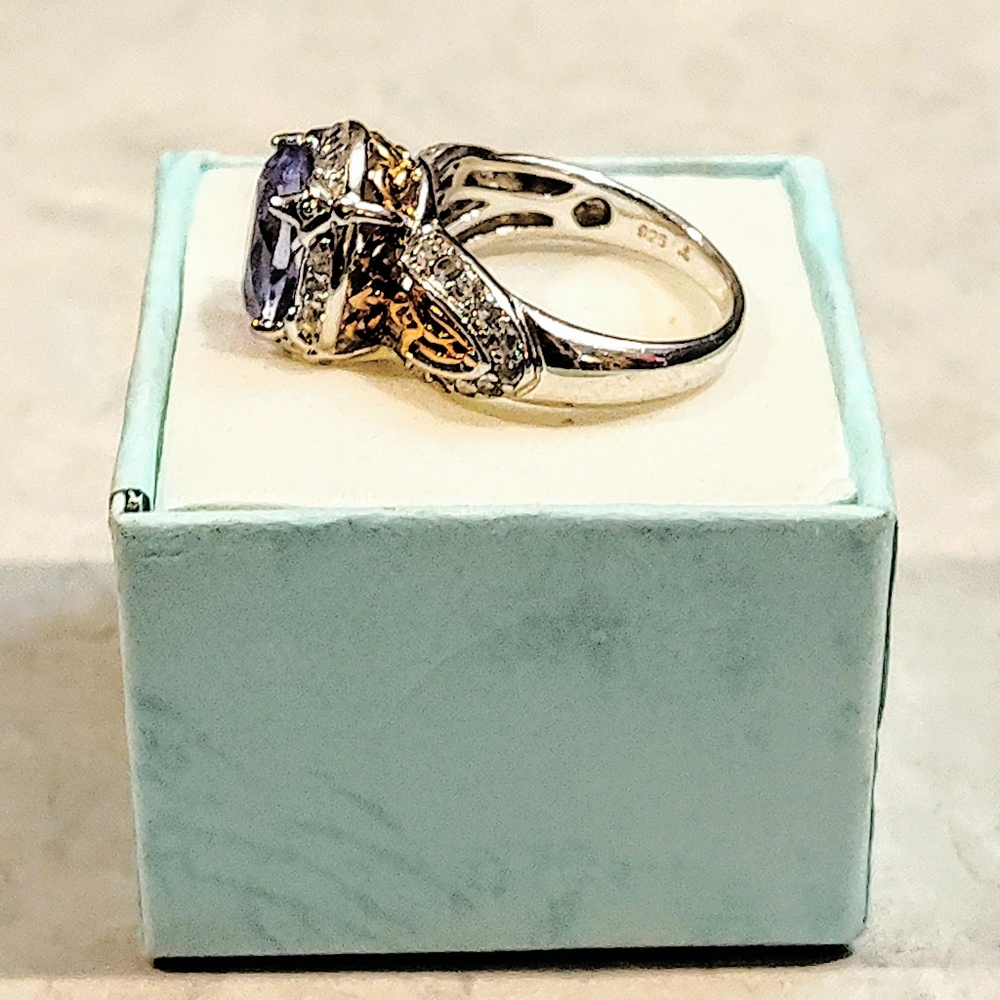 VINTAGE STERLING SILVER 2ct TANZANITE RING WITH DIAMOND CHIPS & 14K GOLD ACCENTS - Picture 10 of 16